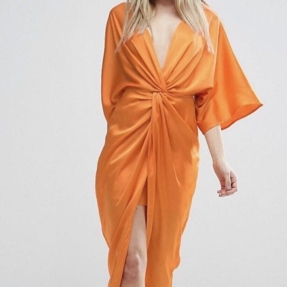 asos orange kimono dress ASOS | Dresses | Asos Kimono Twist Front Midi Silk Dress Orange Tangerine 6  Us